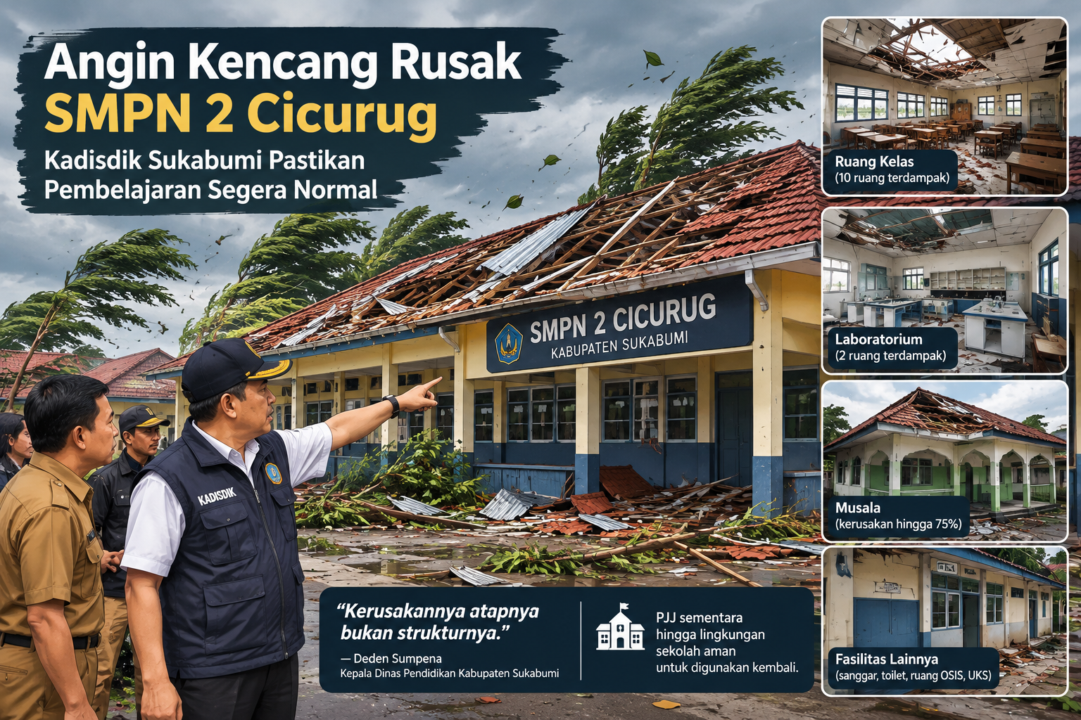 Ilustrasi AI kondisi SMPN 2 Cicurug setelah diterjang angin kencang.
